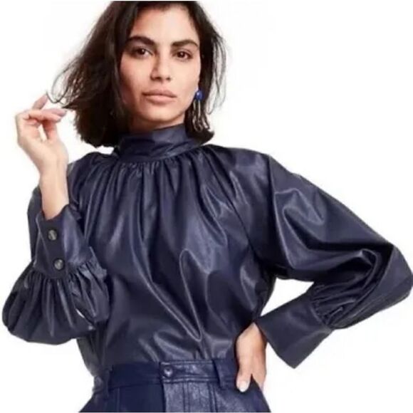 Rachel Comey Faux Leather Navy Blue Top, Buttondown in Back w/Tie, Sz Medium,NWT - Picture 1 of 13